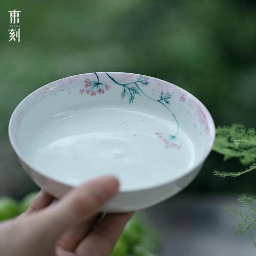 束刻玉瓷玉泥圆盘壶承干泡盘茶承茶道道配件手绘紫色花蓄水干泡台