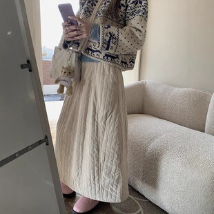 韩系复古白色a字半身裙女秋冬加厚保暖中长款 夹棉高腰显瘦花苞裙