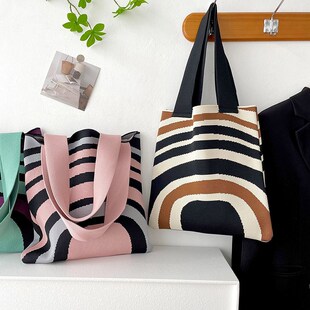 学生手提书袋针织单肩手提手拎包简约条纹学生购物帆布袋大容量女