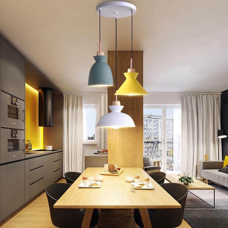 北欧led灯现代实木铝材彩色马卡龙个性创意单三头餐厅火锅店吊灯