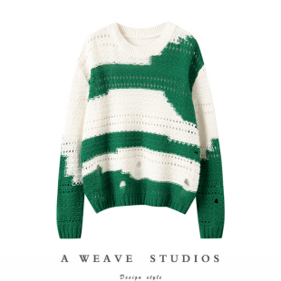 口碑之巅 套头羊绒毛衣女宽松显瘦外穿 不规则撞色破洞圆领长袖