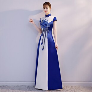 青花瓷修身改良旗袍长款优雅宴会晚礼服舞台走秀演出服中国大合唱