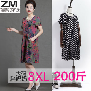胖妈妈夏装 200斤胖mm中老年女装 胖女人造棉绸连衣裙 大码 2024新款
