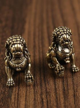 一对小狮子创意黄铜茶桌桌面茶宠摆件铜器铜制品绣球狮子纯铜摆件