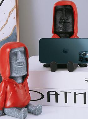 创意穿衣服石像摩艾树脂工艺品桌面手机座懒人支架搞怪办公室摆件