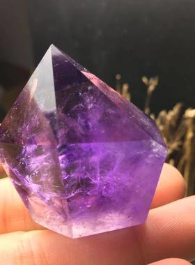 天然紫晶六棱小柱子摆件原石打磨随形石