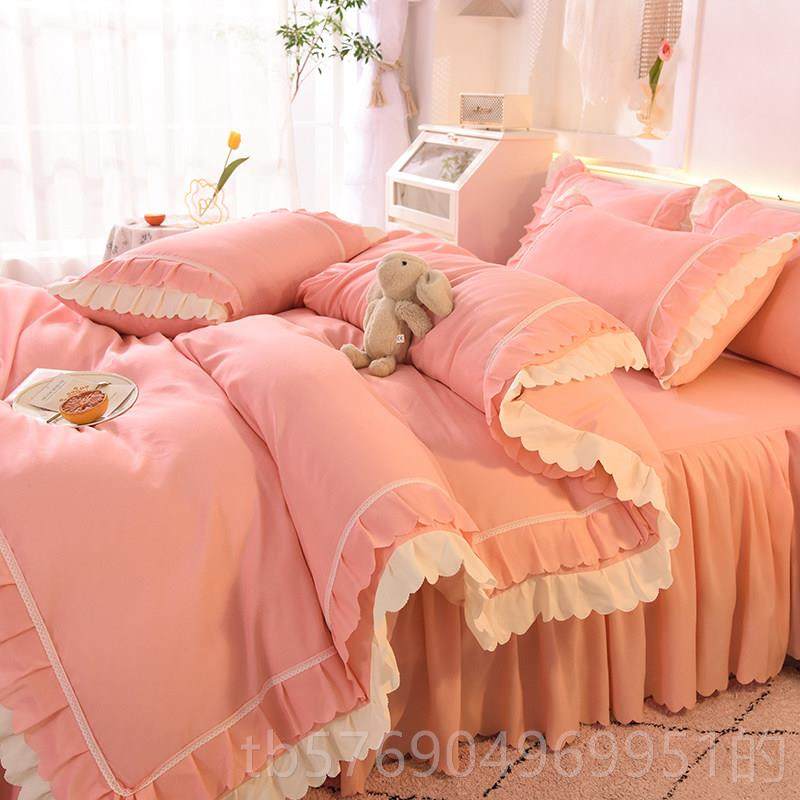 新款红色床裙四件网套被套水洗棉床上床单结夏季婚红少女心ins风