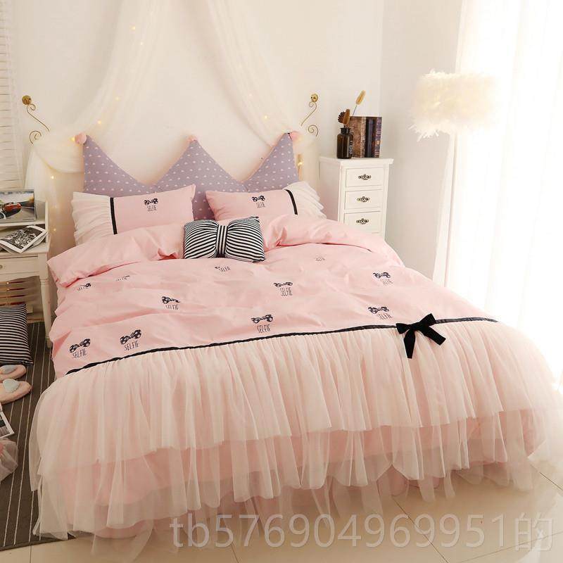 新款棉床裙式四件套全棉蕾丝公纯主风粉色18m简约双人被上套床.用