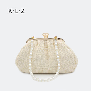 复古草编包珍珠链条手提包女中式编织小包宴会旗袍包包晚宴礼服包