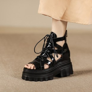 厚度坡跟凉靴女2023夏季新款真皮白色松糕跟系带内增高凉鞋