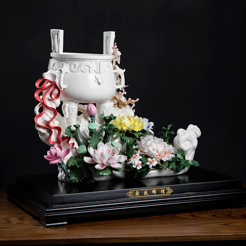 中式陶瓷高端花篮摆件纯手工花瓷雕工艺品办公室客厅乔迁开业礼品