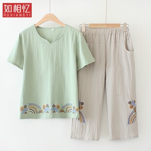 女全棉短袖 夏季 刺绣套装 中老年妈妈装 显瘦T恤女洋气两件套女 大码