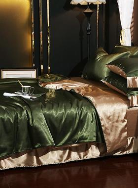 上4893真丝件套纯色桑蚕丝被套双面冰绸缎床单床笠1.丝8m四欧式床