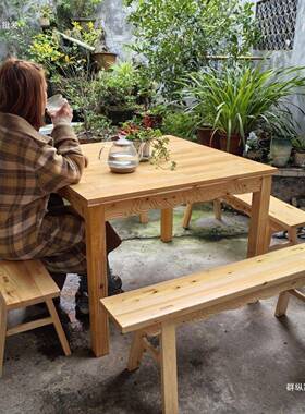 雕花八仙大排档JUI餐桌桌中式仿古实木四桌面做旧方色碳化小吃馆