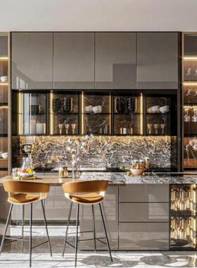 现轻8986奢玻璃酒代柜岛台开放式橱柜厨房一体岩吧板台水槽收纳组