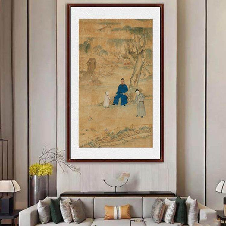 复卷古画祖孙行客乐图JY202204丝绸轴画古风挂画玄厅关走廊装饰画