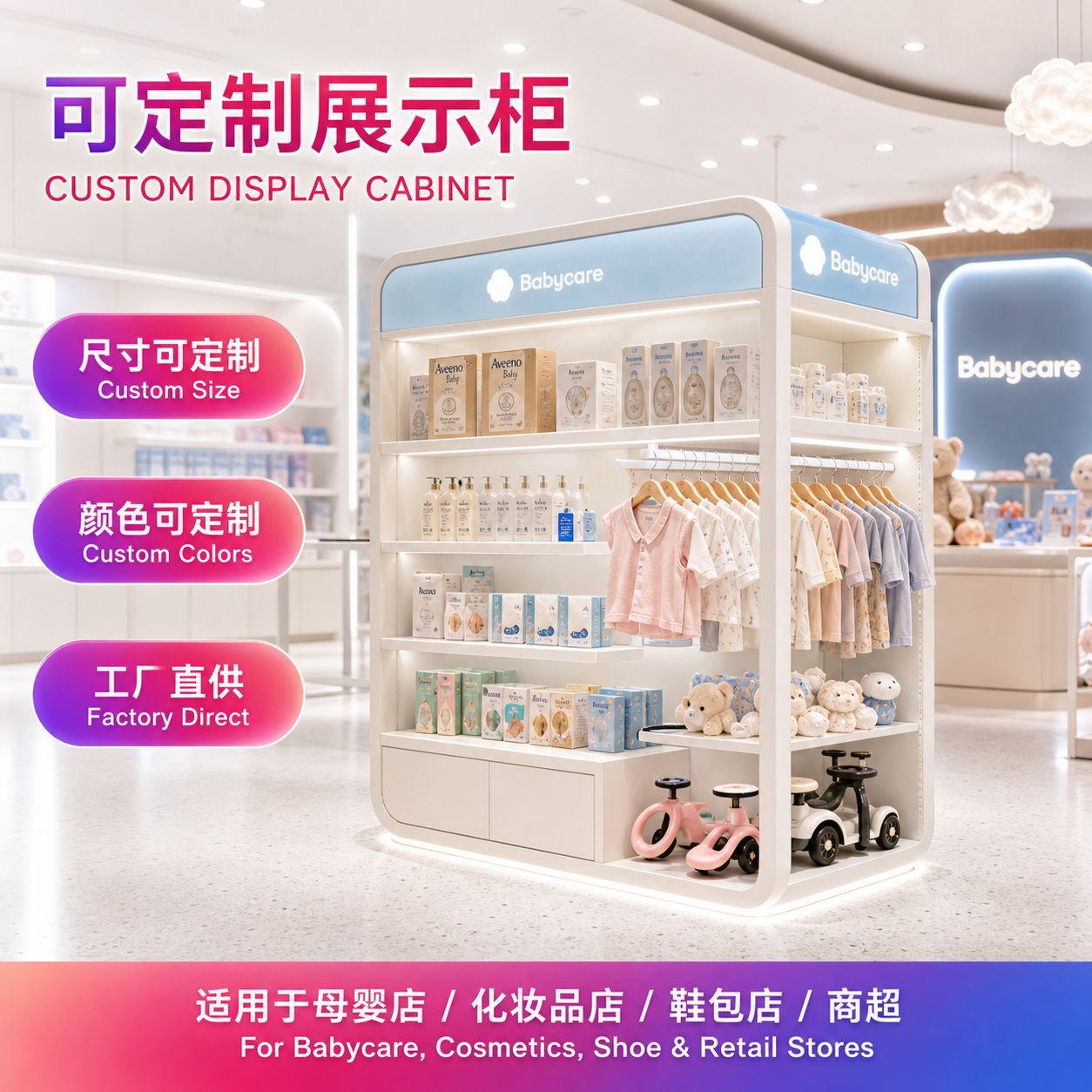多功能母婴饰品展示柜中岛堆头货架儿童玩具陈列柜产品促销展架