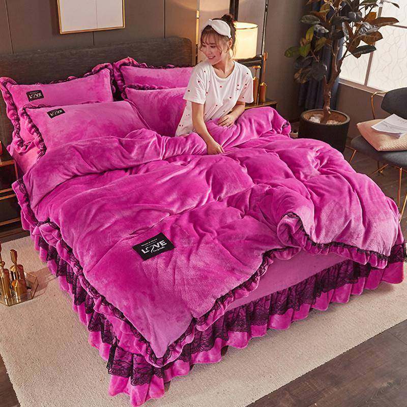 韩版纯加色双面绒兰法床裙DGfMN7sB款四件套冬季加绒厚绒被套七斤