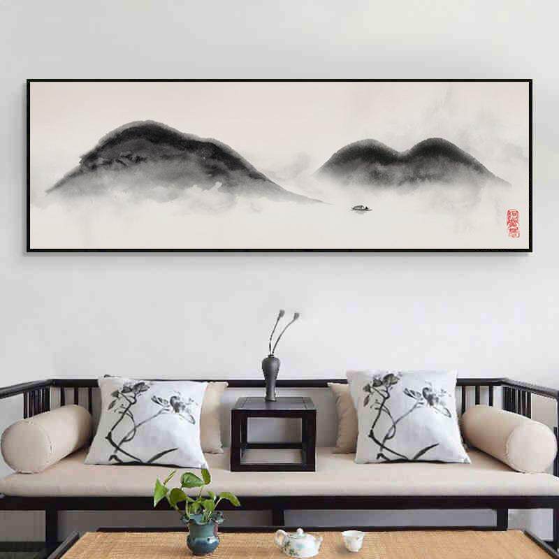 新中式客厅装饰画QZ202204靠山气茶水室横幅书房挂大画墨山壁水卧