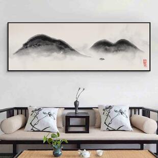 新中式客厅装饰画QZ202204靠山气茶水室横幅书房挂大画墨山壁水卧
