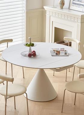 A100L岩板餐桌可伸缩007多功能油风纯白圆桌223新圆款奶折叠方变