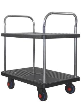 黑色双层手485推车多层工可移动置物推具车定扶手带固护栏静音小