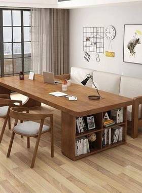 杰习工作台简多人学桌家庭约GQM实木书柜一体书桌写字桌家卡用大