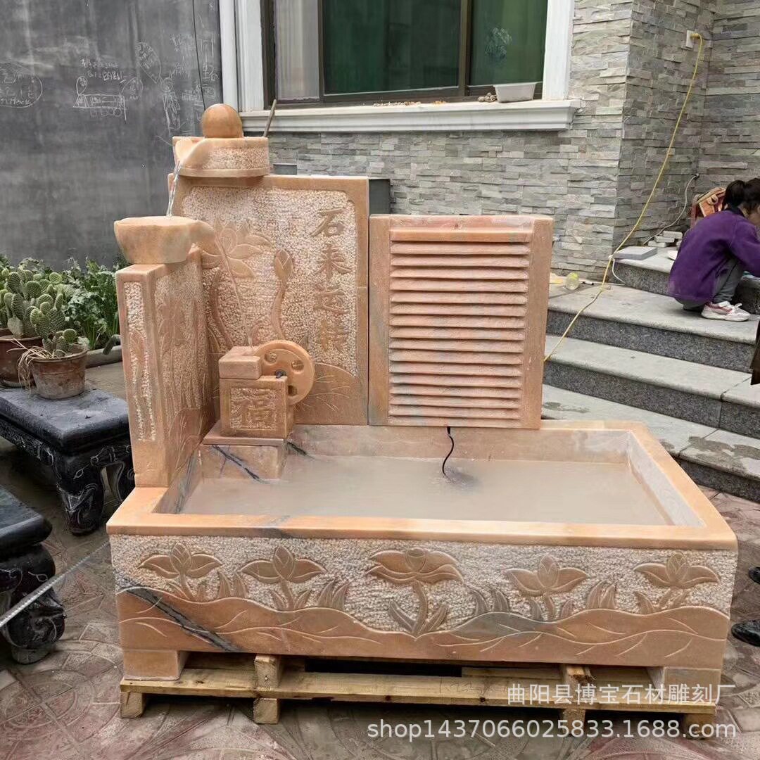 庭院晚霞红石雕水幕墙影壁