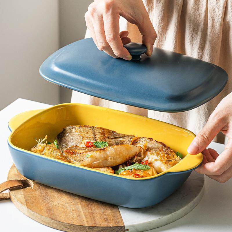 炉芝士焗饭微波盘BVR可用鱼盘双耳9JO陶瓷带盖烤盘烤箱器皿碗子