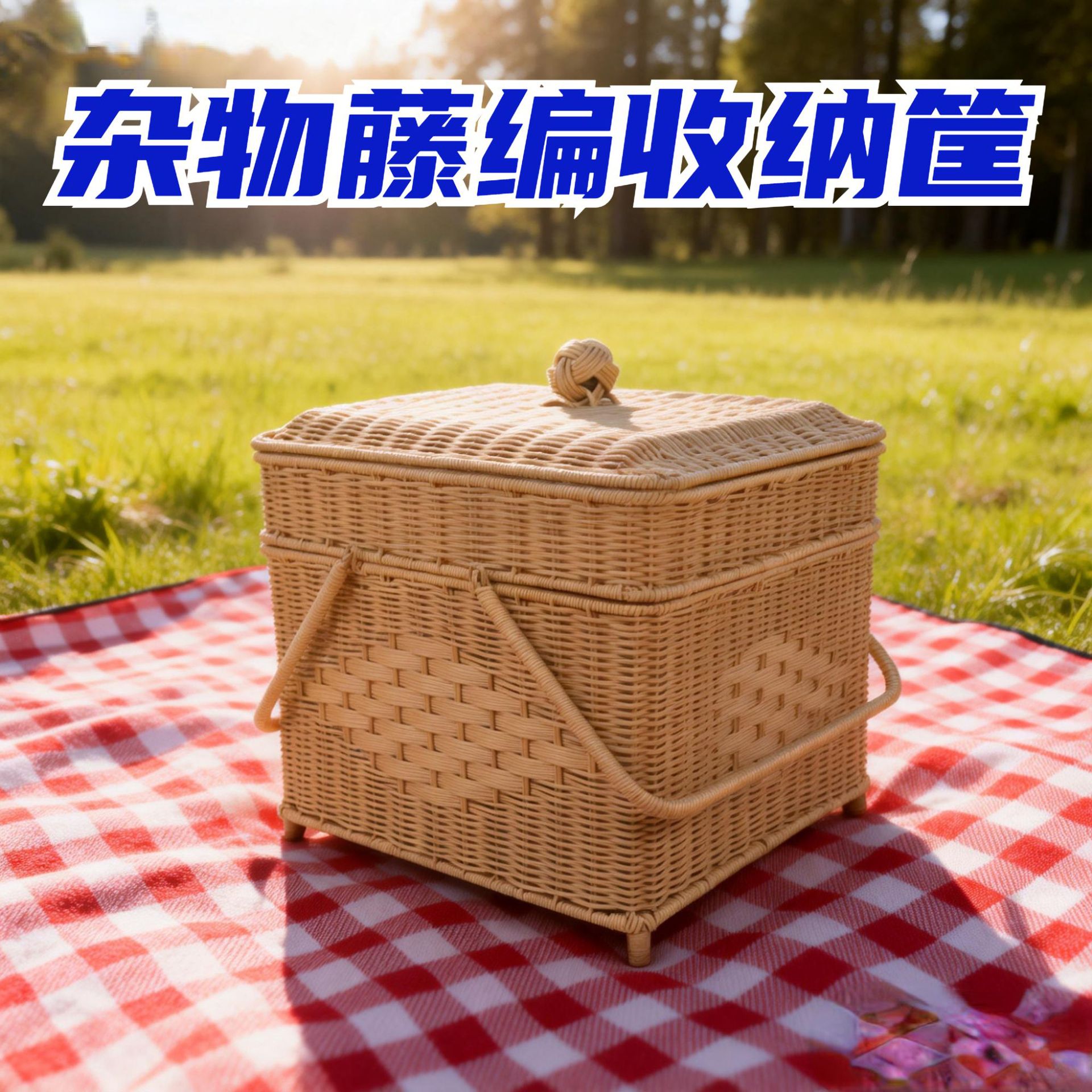 拜拜篮户外露营仿藤编菜篮子手提篮 双层编织格子带盖藤编收纳筐