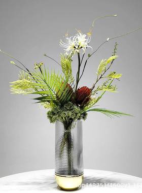 现代仿真花艺设计29612插花客厅谈桌软装板间玻样璃花洽瓶花桌假