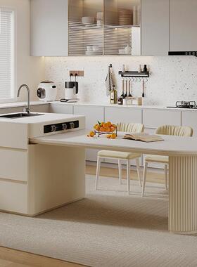 奶油风岩板岛台餐桌OOS茶伸桌一体用两带水槽水多盆水池可缩功能