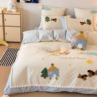 小清新卡纯棉磨毛通加厚四件套全XX公棉被套童主风儿床上用品