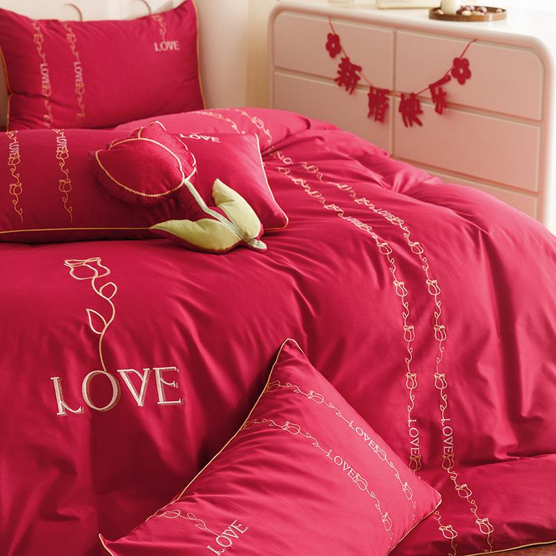 色100支长绒棉结四件被套大红床单纯CGL22-Ys棉喜被家居婚庆套床