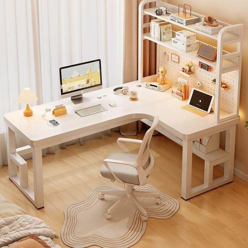 实木书桌角电脑桌卧架室奶油UAP风书一体拐电竞桌加转固储物角桌