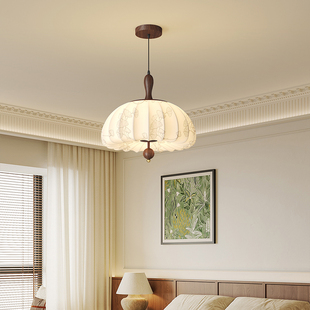 宋式 创意荷花禅意餐厅书房间灯 美学主卧室吊灯印花布艺复古新中式