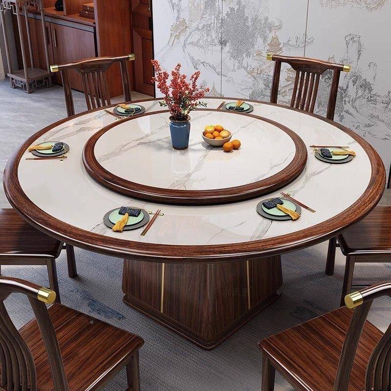 乌金木组中式实木餐桌椅餐厅1.合8米新圆桌酒店2.0米岩板实YS-626图片
