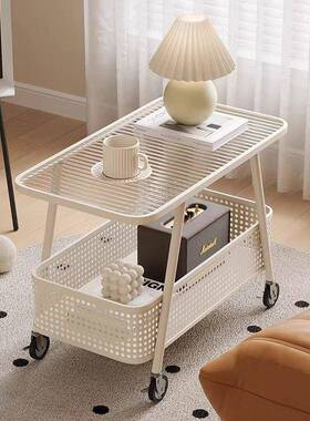 22可5新款奶油风移动沙发边几边柜床头钢化玻璃茶小推0GEG车岩板