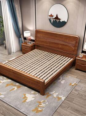 新中式实木桃床胡木床1.米双H113人床1具.85m单人床主卧家储物婚