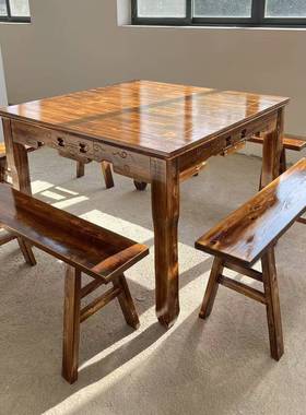 实中LNI式面馆饭店商用八木桌四仙方仿古方形方桌餐正桌餐桌椅家