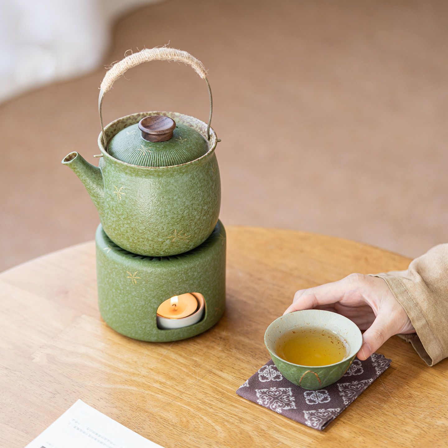 复古绿釉金花蜡烛加热煮茶炉套装