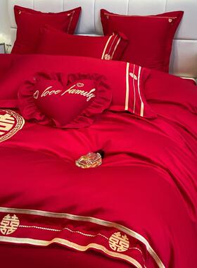 40支全棉纯棉婚床上嫁四件套结庆奢婚大红色结婚陪床品轻SII刺绣