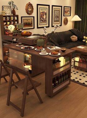 岛餐桌一体户可旋转小型伸缩吧台中风餐边PVM柜台沙古发边柜