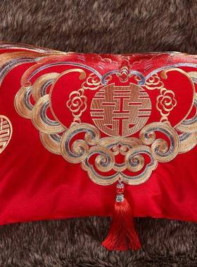 大红婚庆小抱纯棉刺绣结婚垫030201枕陪嫁婚房靠床品件送芯子孙配