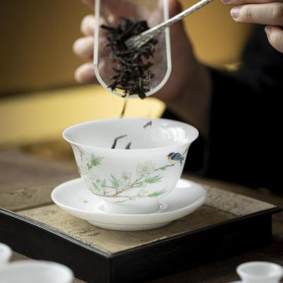 冰种手121绘盖寿碗松长单个高档青功夫泡茶三不才陶瓷盖碗烫手敬