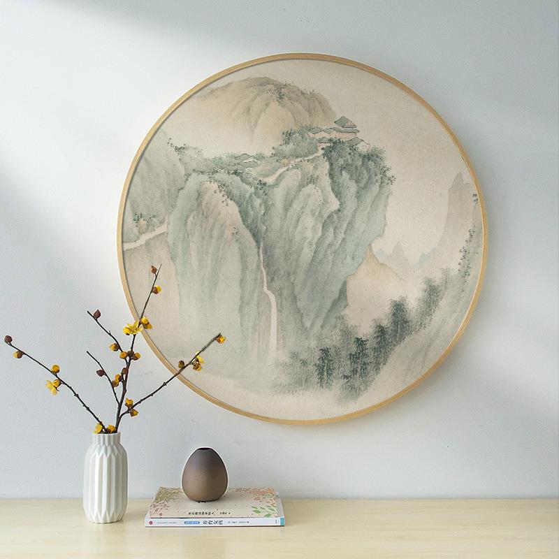 中式装画客厅实木圆形挂画餐厅玄关过道山书房水墨饰新水壁画ali-