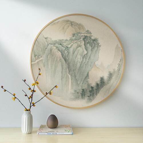 中式装画客厅实木圆形挂画餐厅玄关过道山书房水墨饰新水壁画ali-
