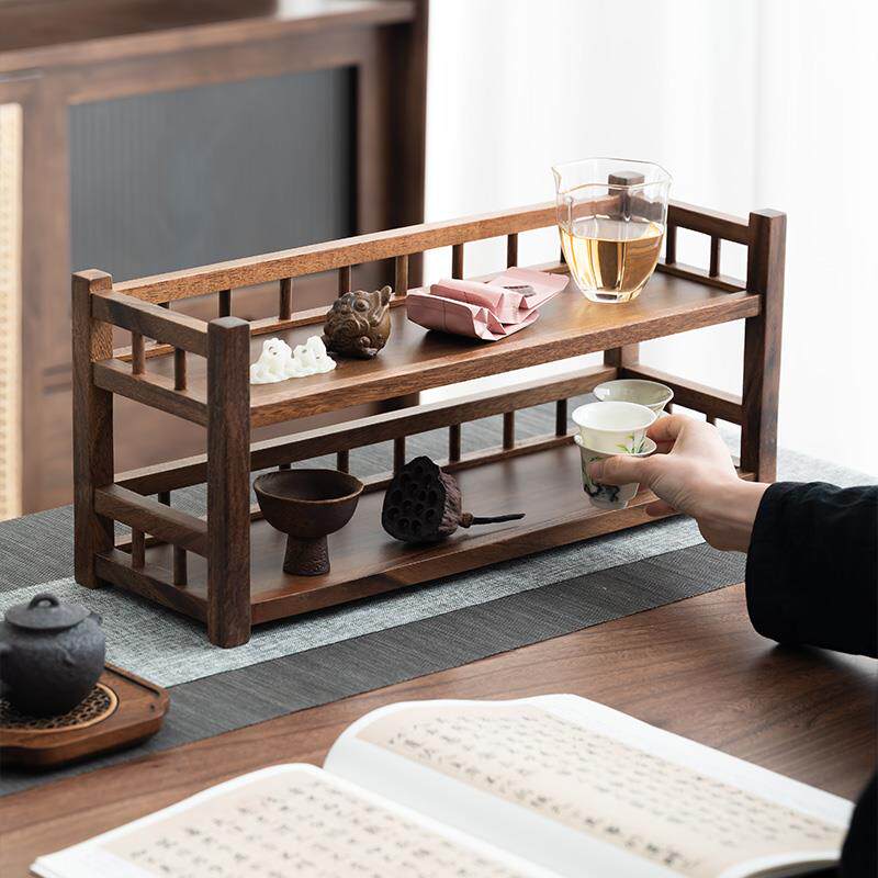 黑胡桃木层书桌置物茶架茶F7775J5H室桌茶具架多收纳摆放实木书架