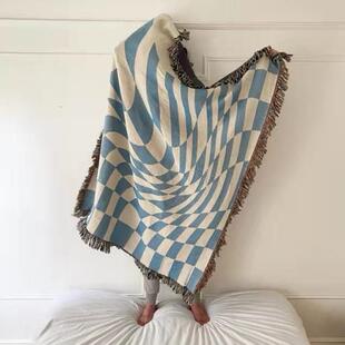 窗棋盘格毛FLK线毯美式线毯沙发盖毯飘窗垫床尾毯沙发巾毯露营