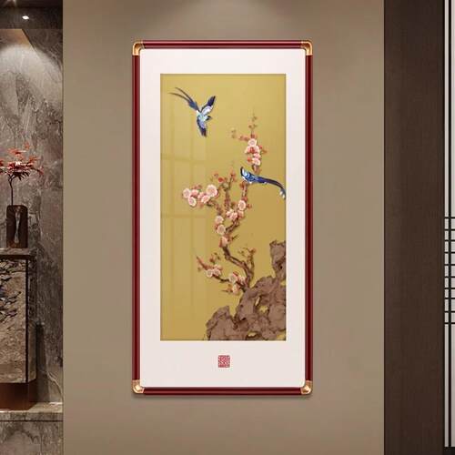 喜上眉梢玄关装饰新画UZP中式竖寓意版好花鸟挂过画走廊道壁画高